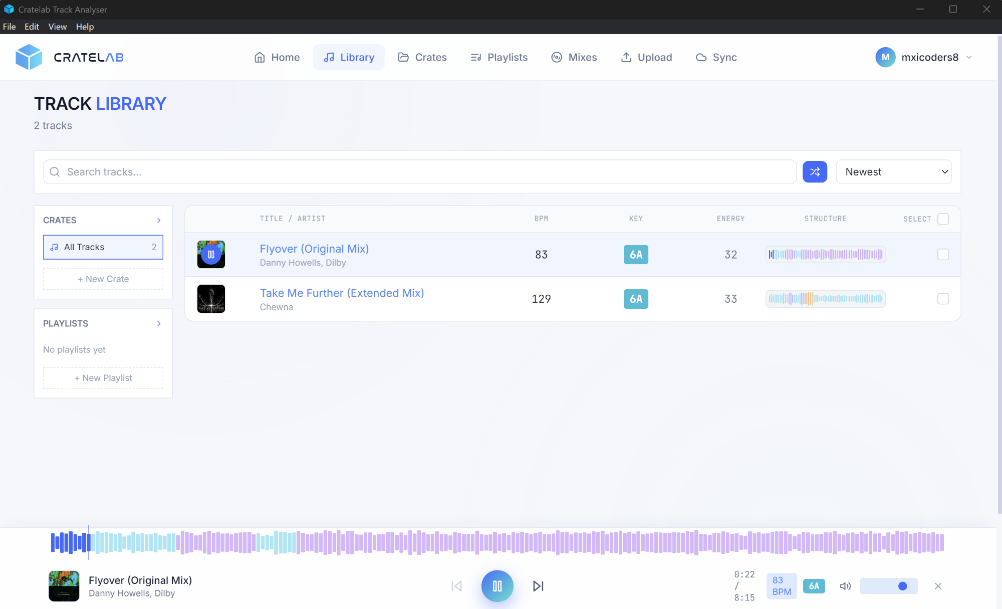 CRATELAB Track Analyser desktop app showing track library with BPM and Camelot key detection